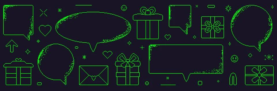 Pixel art speech bubbles and gift boxes . 8 bit callouts with prizes. Rectangle Stock Illustration