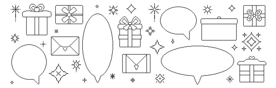 Pixel art speech bubbles and gift boxes. 8 bit callouts with presents. Round 스톡 일러스트