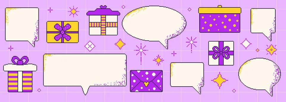 Pixel art speech bubbles and gift boxes set. 8 bit retro callouts with birthday Illustration