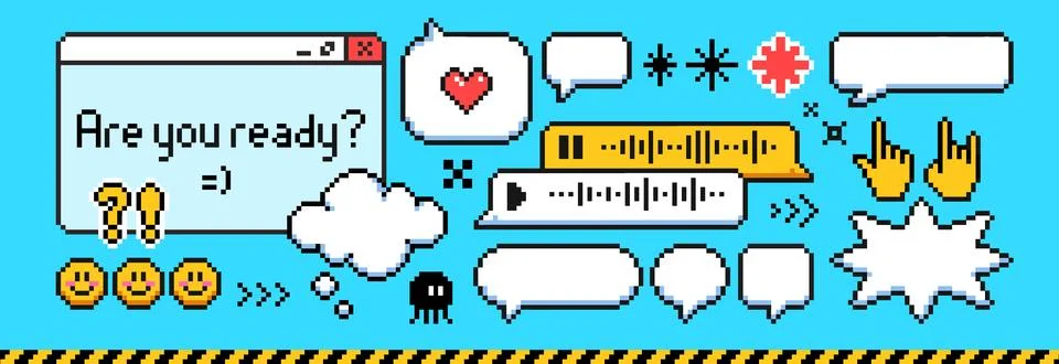 Pixel art speech bubbles and emoticon set Stock Illustration