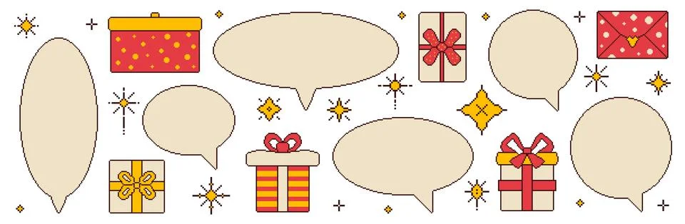 Pixel art speech bubbles and giftboxes set. 8 bit retro callouts with birthday 스톡 일러스트