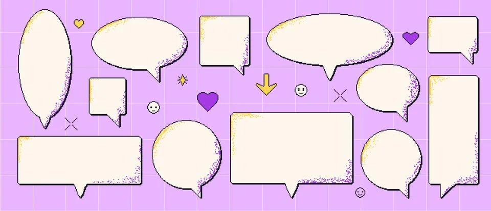 Pixel art speech bubbles set. 8 bit text boxes with hearts, arrow and sparkles. Illustration