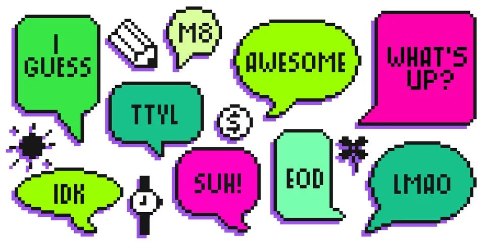 Pixel art speech bubbles set in bright colors Stock-Illustration
