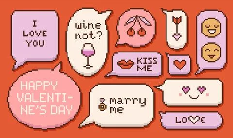 Pixel art speech bubbles set, dialog boxes collection on a red background with Illustrazione stock