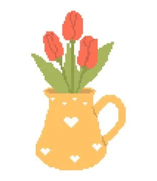 Pixel Art Spring Red Tulip Bouquet in Yellow Jug. Vector illustration in re.. Illustrazione stock