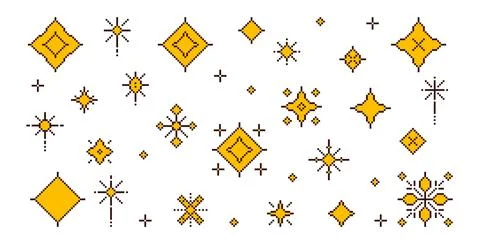 Pixel art stars. 8 bit sparkles. Magic firework icons in retro 90s style. shine Stock Illustration