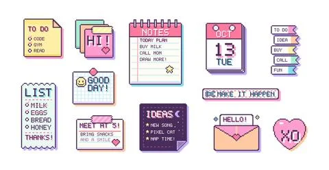 Pixel art stationery elements and notes stickers set 库存插图