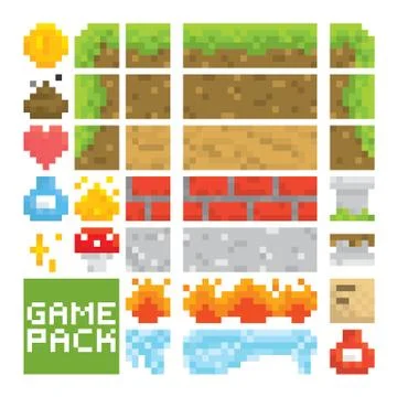 Pixel art style game level vector assets objects Stock Illustration