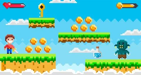 A pixel art style game scene features a character collecting coins, a floatin Stock Illustration