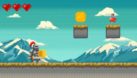 Pixel art style, knight in armor with sword and shield with mountains and clouds Stock Illustration