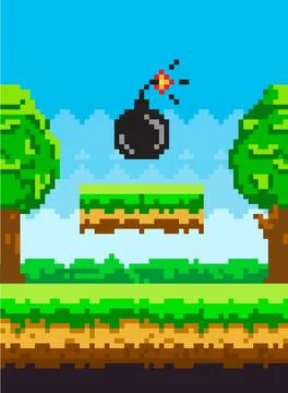 Pixel art style vector bomb element for retro pixel-game. Black round core with Illustrazione stock