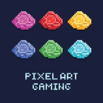 Pixel art style vector illustration set of ore gems of different colors Stock Illustration