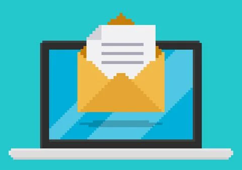 Pixel art style vector illustration of opend email on laptop screen Stock Illustration