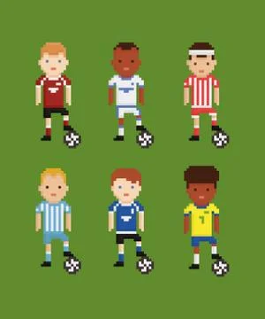 Pixel art style vector set - football soccer players in different uniforms on Stock Illustration