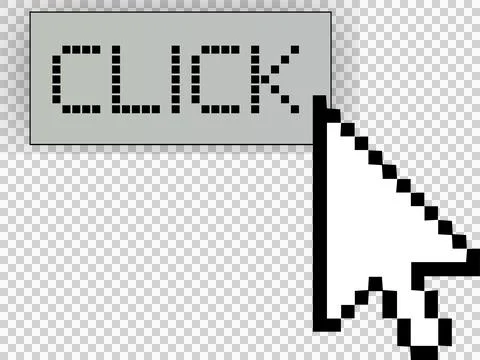 Pixel art styled CLICK button and cursor are appearing on transparent canvas in Illustrazione stock