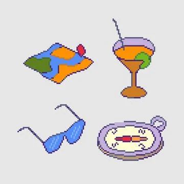 Pixel art summer elements set 스톡 일러스트