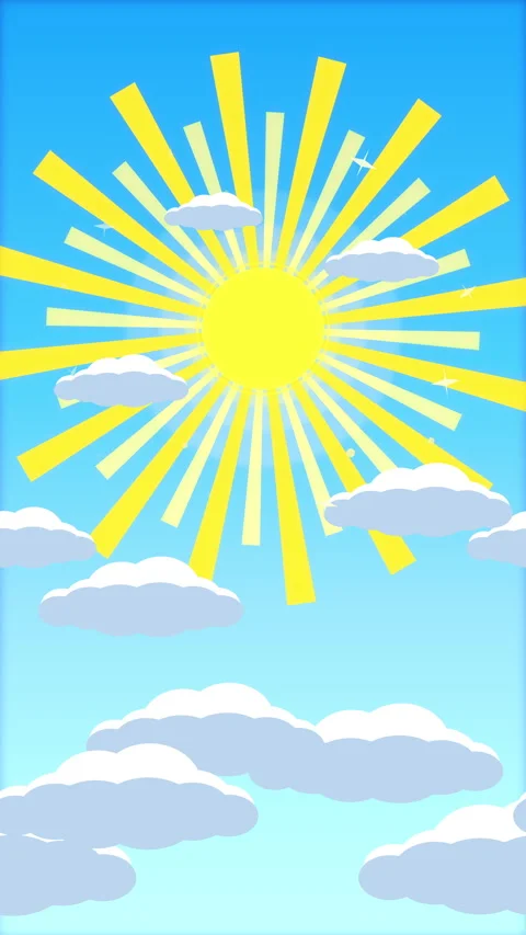 Pixel art sun with glowing rays and floating clouds in a blue sky loop Stock Footage 347949942