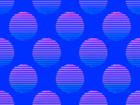 Pixel art sun seamless pattern in 80s style. Synthwave sunset in 8 bit styl.. Stock Illustration