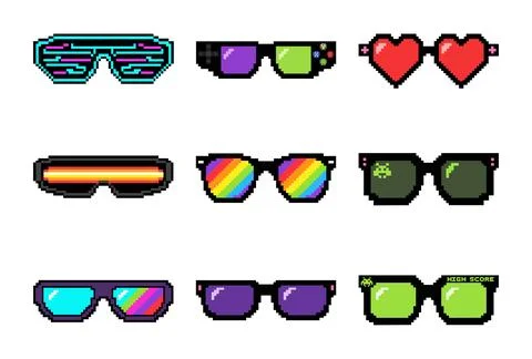Pixel art sunglasses icon set with retro gaming glasses Stock Illustration
