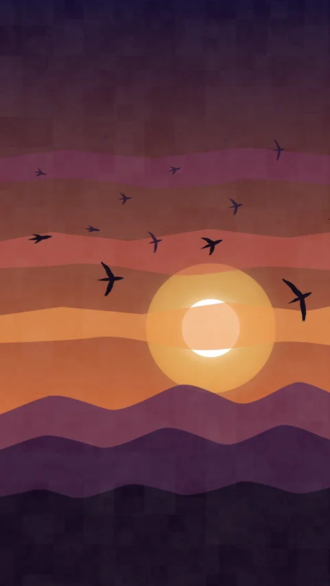 Pixel art sunset animation with birds flying over hills loop video Vídeo Stock 346649688