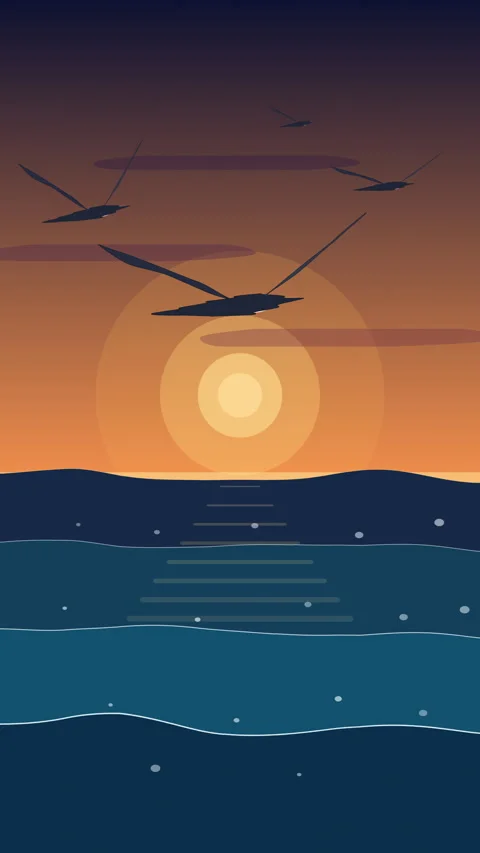 Pixel art sunset animation featuring flying birds over ocean waves Stock Footage 347211552