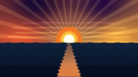Pixel art sunset animation loop with ocean waves and sun rays Stock Footage 347211776
