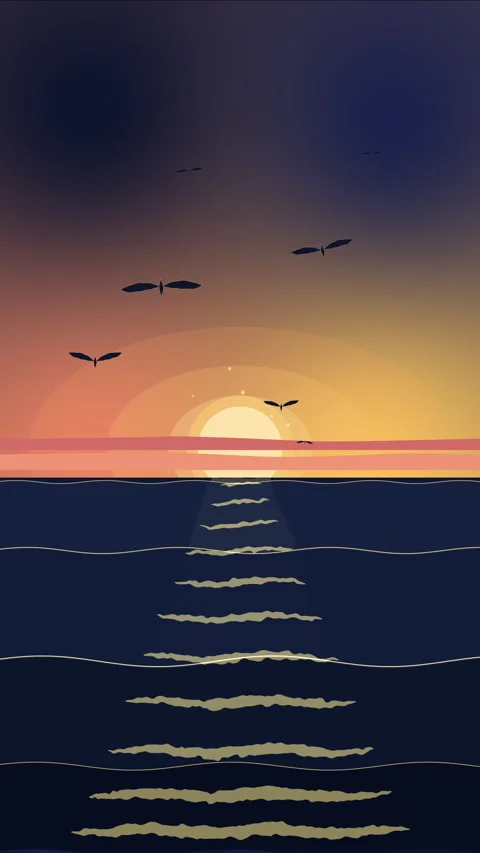 Pixel art sunset animation loop with ocean waves and flying birds Stock Footage 347211933