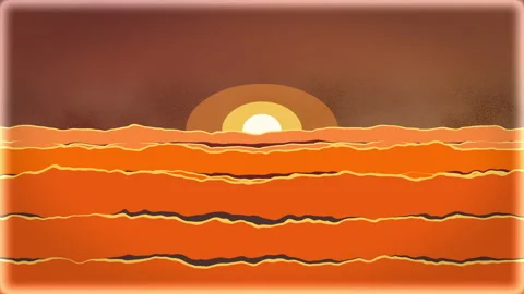 Pixel art sunset animation loop, retro landscape, sun and waves Stock Footage 347950015