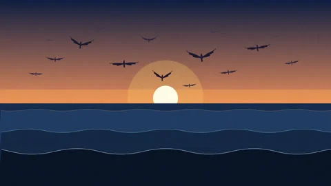 Pixel art sunset animation with ocean waves and flying birds over sea Stock Footage 347212065