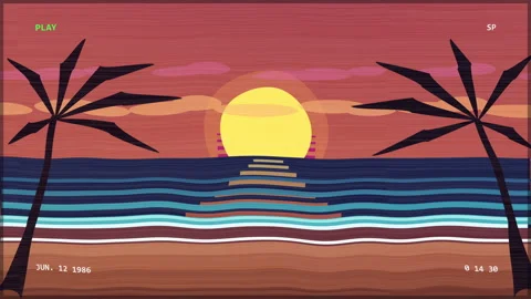 Pixel art sunset beach animation featuring palm trees, ocean waves, and vintage Stock Footage 346739987