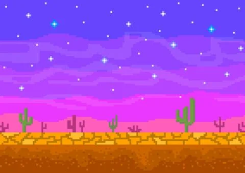 Pixel art sunset in the desert. 스톡 일러스트