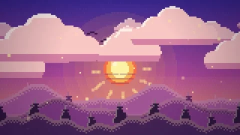 Pixel Art Sunset Loading Animation with Clouds and Birds Stock Footage 347989100