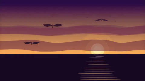Pixel art sunset ocean loop animation with birds flying in the sky Stock Footage 347212108