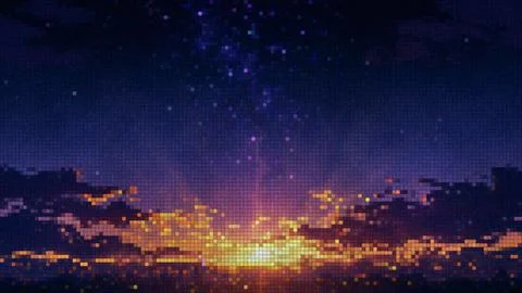 Pixel art sunset sky with glowing clouds and stars イラスト素材