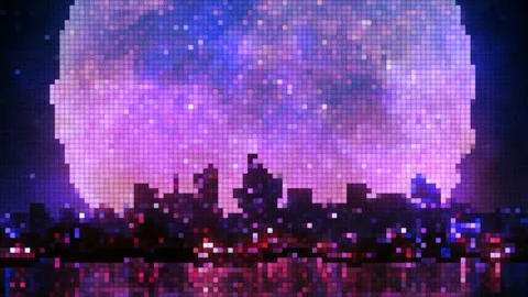 Pixel Art Synthwave City Skyline Under Giant Purple Full Moon Stockbeeldmateriaal 342925103