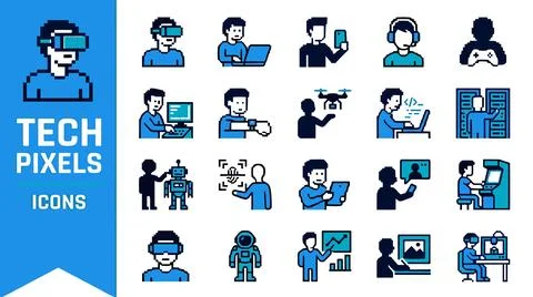 Pixel Art Technology Icons Set for Digital Innovation and Future Concepts. Illustrazione stock