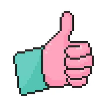 Pixel art thumb up icon in 8 bit style. Retro 80s,90s video game graphics. Stock Illustration