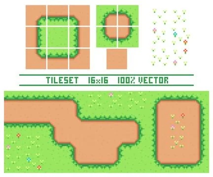 Pixel art tile set for 2d top-down retro game. Illustrazione stock