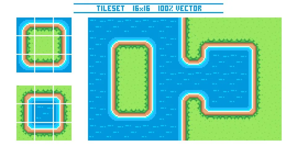 Pixel art tile set for 2d top-down retro game. Stock Illustration