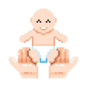 Pixel art of a tiny baby being carefully held and supported by two large ad.. 스톡 일러스트