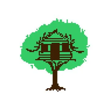 Pixel art Tree house. 8 bit Children's treehouse. Graphics of an old computer Stock Illustration