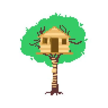 Pixel art Tree house. 8 bit Children's treehouse. Graphics of an old computer Ilustración de archivo