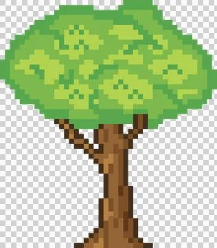 Pixel art tree is standing on transparent background, showing blocky brown trunk Illustrazione stock