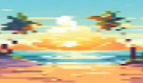 Pixel art tropical beach sunset landscape with vibrant colors glowing sky and Ilustração Stock
