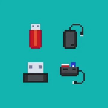 Pixel art usb flash drive, card reader and external storage device, vector 8 bit Stock Illustration