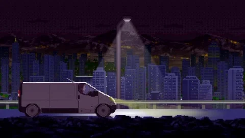 Pixel Art Van Driving at Night City Parallax Animation Loop part 03 Stock Footage 329158326