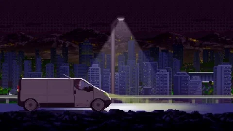 Pixel Art Van Driving at Night City Parallax Animation Loop part 02 Stock Footage 329158379