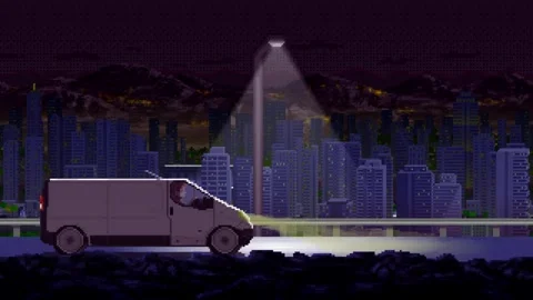 Pixel Art Van Driving at Night City Parallax Animation Loop part 01 Stock Footage 329455799