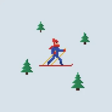 Pixel art vector 8 bit illustration - man in red hat and blue jacket skiing and Stock Illustration