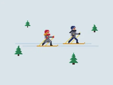Pixel art vector 8 bit illustration -boy and girl skiing and christmas trees on Stock Illustration
